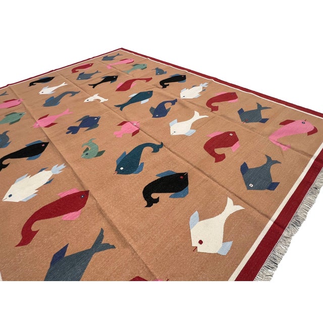 Handmade Cotton Vegetable Dyed Flat Weave Area Rug, Tan, Red Fish Patterned Dhurrie - 9'x12' For Sale - Image 11 of 16