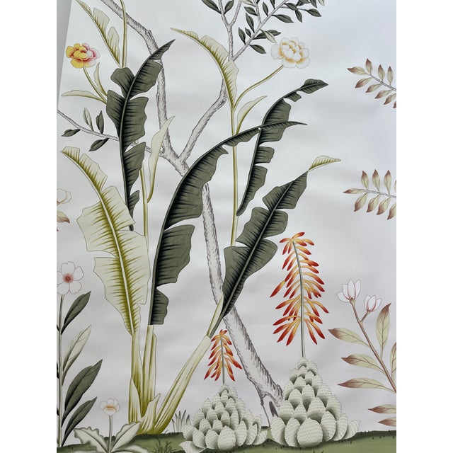 Chinoiserie Chinoiserie Tropical Hand-Painted Wallpaper Panels, Soft Off-White Background With Floral & Palm Mural, Set of 3 For Sale - Image 3 of 4