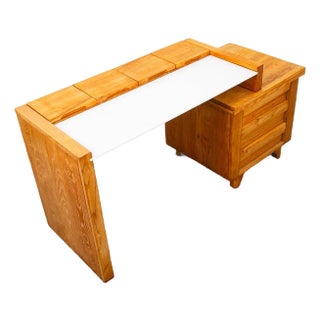 Mid Century Modern Vanity Desk Solid Ash Milk Glass Teak 3 Drawers Vintage MCM For Sale