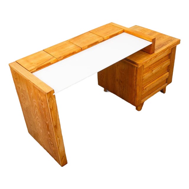 Mid Century Modern Vanity Desk Solid Ash Milk Glass Teak 3 Drawers Vintage MCM For Sale