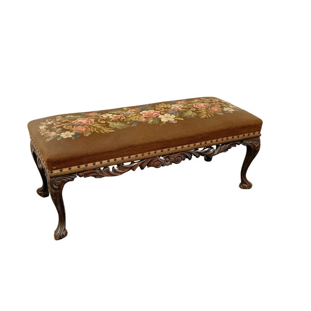 Rococo Antique American Rococo Revival Carved Walnut Needlepoint Bench, Pierced Louis XV Style For Sale - Image 3 of 6