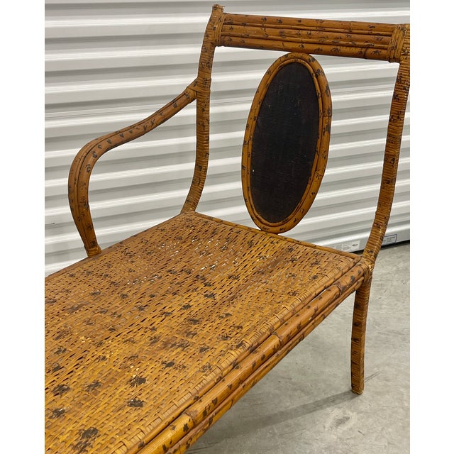 Camel Mid-Century Bohemian Burnt Rattan Daybed Bench With Authentic Hand-Woven Cane Seat For Sale - Image 8 of 18