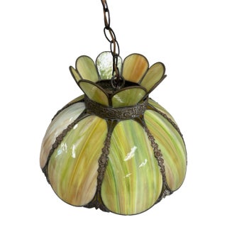 Vintage Green, Lotus, Slag Glass Hanging Lamp Light Fixture For Sale