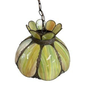 Vintage Green, Lotus, Slag Glass Hanging Lamp Light Fixture