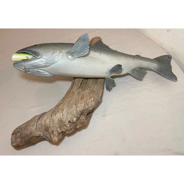 Vintage Handmade Eg Carved Wood Silver Wall Fish Mount Trophy Sculpture For Sale - Image 11 of 16