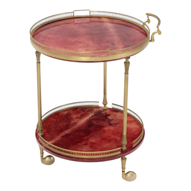 Mid 20th Century Round Aldo Tura Lacquered Parchment Goat Skin Serving Bar Cart For Sale