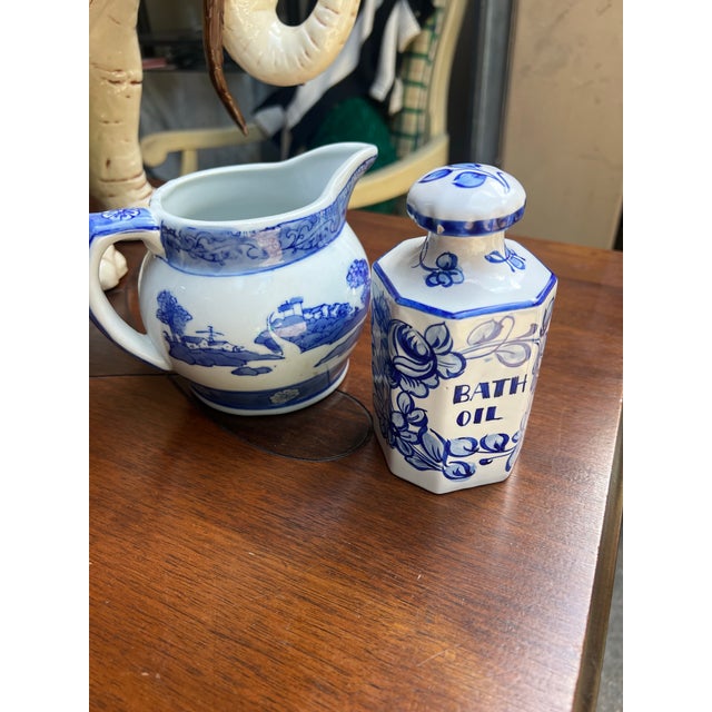 1970s Pair of Blue and White Ceramic Dishes- Pitcher and Bath Oil Jar For Sale - Image 4 of 6