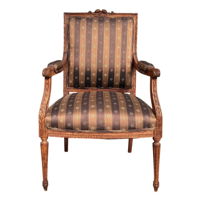Antique 19c Louis XVI Carved Walnut Arm Chair For Sale