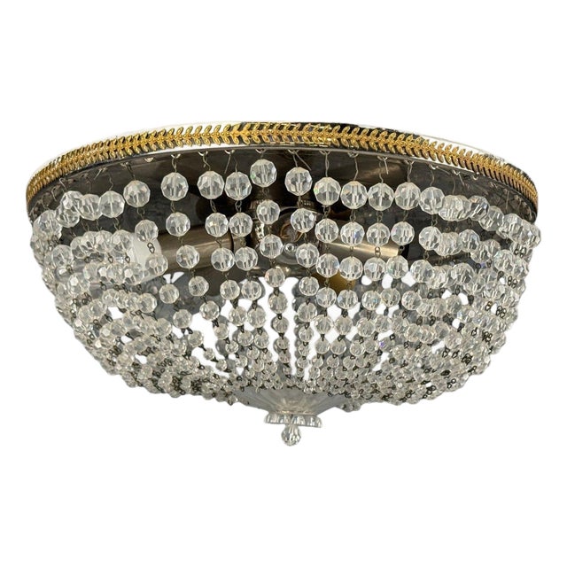 Neoclassical, Basket Flush Mount Ceiling Light, Bronze, Crystal, France, 20th C. For Sale