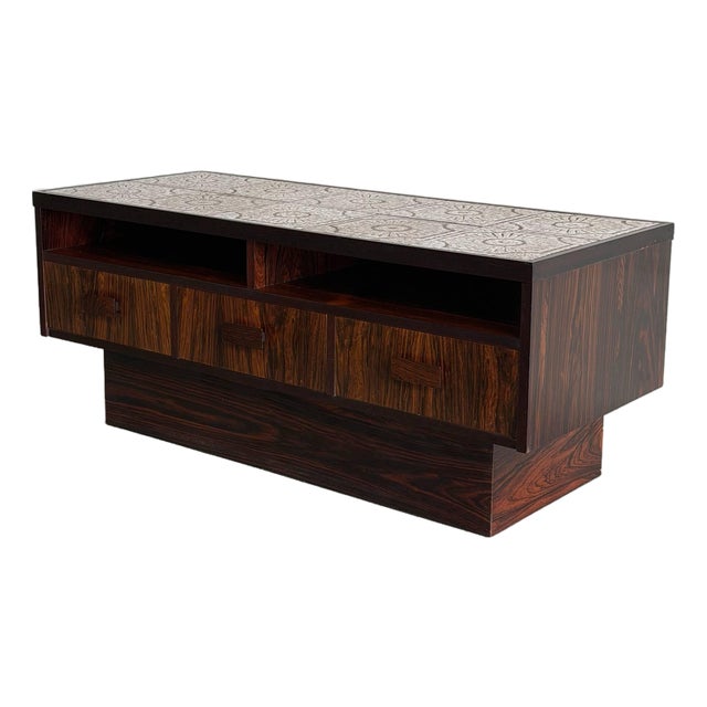 Rosewood Low Three Drawer Chest With Tile Top Media Stand Coffee Table Denmark 1960s For Sale