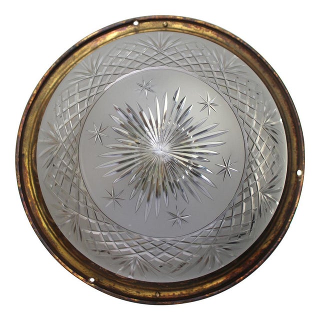 1920s French Brass Frosted and Clear Cut Glass Globe Flush Mount For Sale - Image 5 of 7