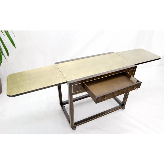 Drop Leaf Textured Brass Top Burl Wood Rolling Serving Cart Bar by Mastercraft For Sale - Image 11 of 13