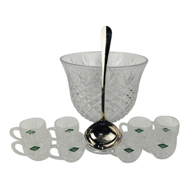 Late 20th Century Shannon Crystal by Godinger Punch Set 24% Lead Crystal Bowl Cups Ladle - 10 Pieces For Sale
