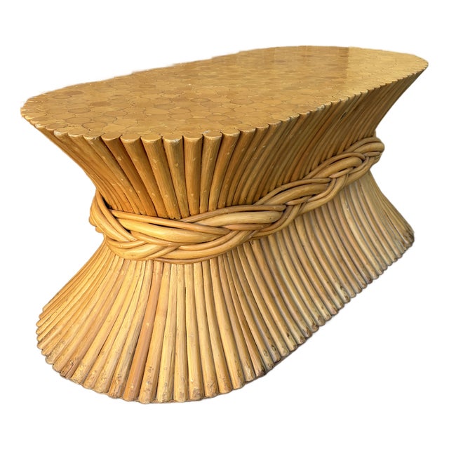 Hollywood Regency / Coastal Style McGuire Sheaf of Wheat Rattan Coffee Table. Circa 1980s For Sale