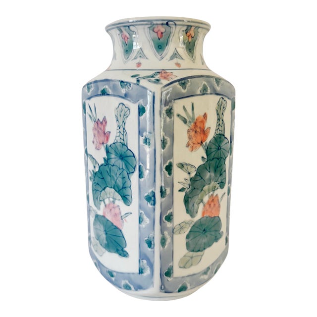 Vintage Chinoiserie Square Pink Lotus Porcelain Baluster Vase For Sale