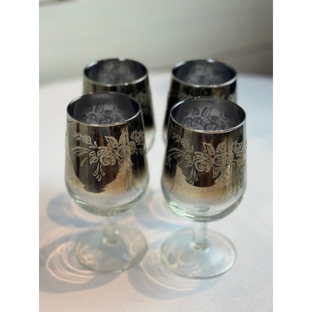 Black 1970s Mid Century Vintage Floral Etched Queen Lusterware Silver Fade Ombre Cocktail Set, Made in France- 12 Pieces For Sale - Image 8 of 9