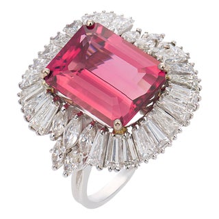 1950s Mid Century 8.00 Carat Pink Tourmaline Diamond 18k Gold Ballerina Ring, Size 7.5 For Sale