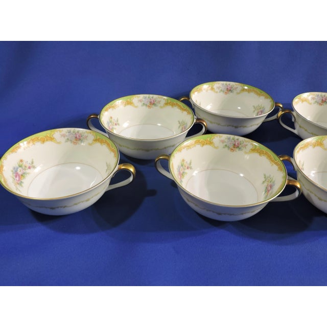 1930s Early 20th Century Noritake Morimura Bro's Japanese Porcelain Echinacea & Rose Double Handled Cream Soup Cups & Saucer Set- 16 Pieces For Sale - Image 5 of 12