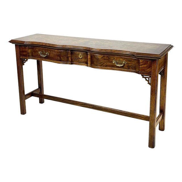 Late 20th Century Traditional Walnut & Burl Wood Serpentine Console Table For Sale
