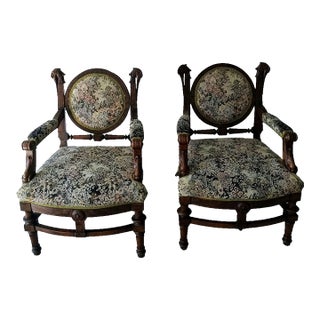 Rare Pair of Antique Medallion Back Parlor Armchairs – Ornate Carved Wood & Floral Tapestry For Sale