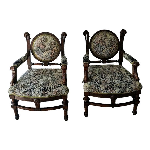 Rare Pair of Antique Medallion Back Parlor Armchairs – Ornate Carved Wood & Floral Tapestry For Sale