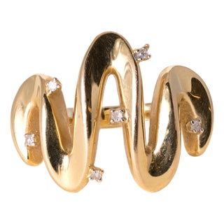 Vintage 14k Gold Diamond Wave Cocktail Ring, Size 6 For Sale
