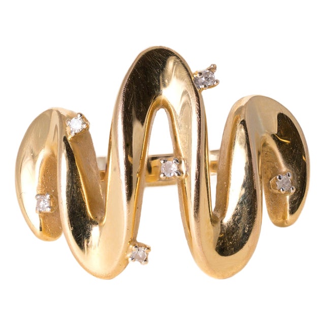 Vintage 14k Gold Diamond Wave Cocktail Ring, Size 6 For Sale