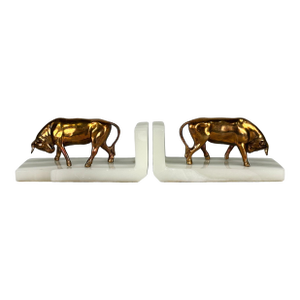 Mid 20th Century Brass Bull Bookends on Banded Onyx Bases- Set of 2