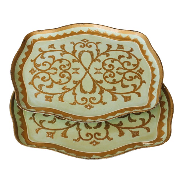 Italian Hand Painted Florentine Gilded Tray's S/2 For Sale