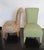 Pair of French Mid-Century upholstered side chairs with lacquer legs. Lacquer to match upholstery. Orange chair has tribal...