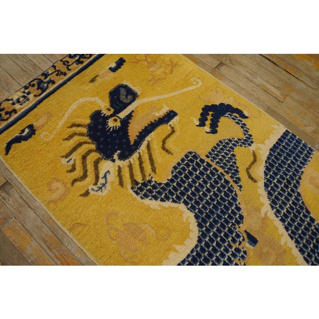 1750s Yellow Dragon Antique Chinese Ningxia Pillar Rug 2' 9'' X 9' Handknotted Wool Carpet For Sale - Image 4 of 15
