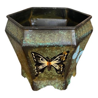 Vintage Hexagonal Verdigris Metal Cachepot With Butterfly and Dragonfly Motif For Sale