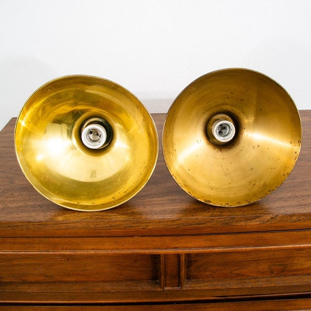 Mid-Century Modern Mid 20th Century Danish Modern Gold Brass Pendant Lights - a Pair Rewired For Sale - Image 3 of 12
