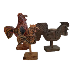 1970s Mexican Hand-Carved Wooden Roosters- Set of 3