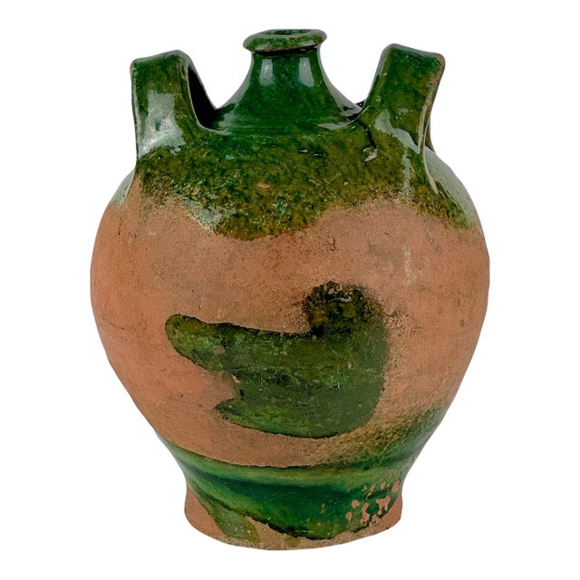 19th Century French Green Glazed Pottery Jug With Dual Handles For Sale