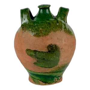 19th Century French Green Glazed Pottery Jug With Dual Handles
