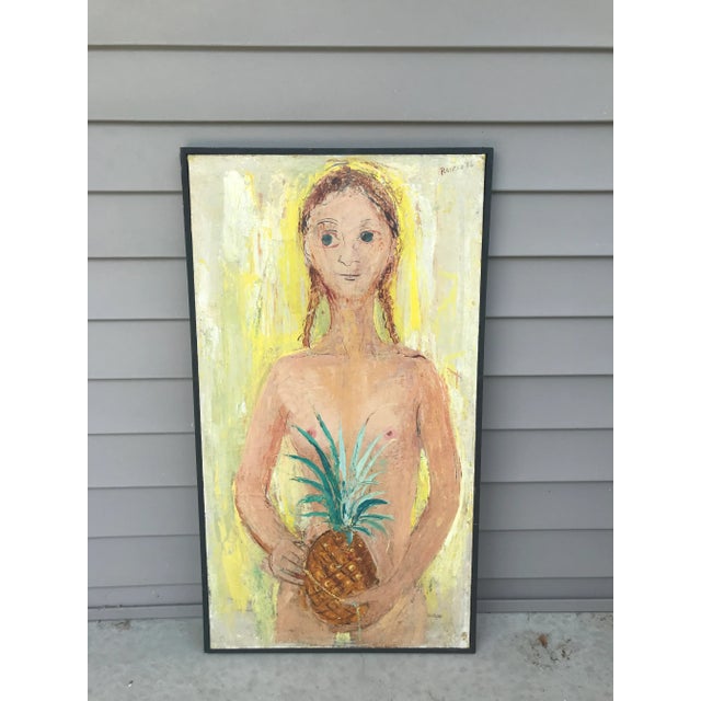Mid 20th Century Abstract Figurative Female Nude Holding a Pineapple Painting, Framed For Sale - Image 9 of 12