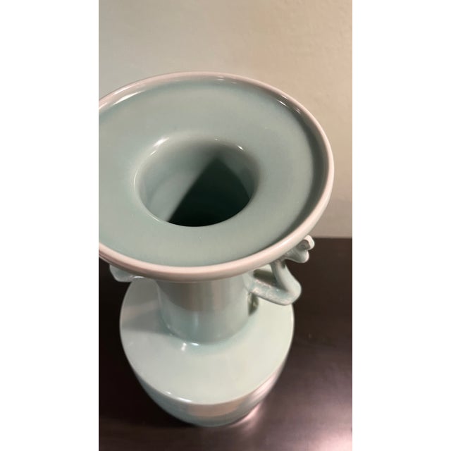 Celadon Mid 20th Century Large 18" Celadon Porcelain Vase With Dragon Handles - Heavy Decorative Vessel For Sale - Image 8 of 8