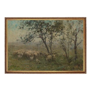 Flock of Sheep Landscape Print on Canvas in Thin Gold Frame- a 20" X 30" Print, Framed to 22" X 32" For Sale