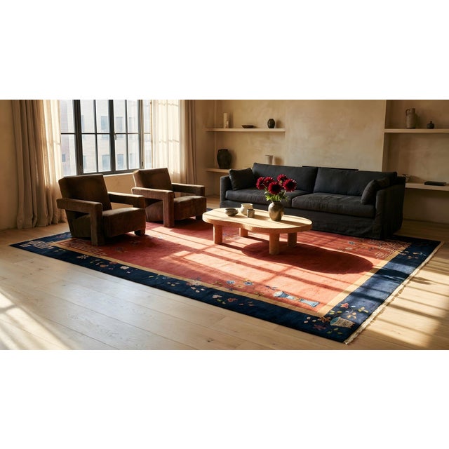 Beautiful Red and Blue Color With Flower Vases Design Antique Chinese Art Deco Rug For Sale - Image 9 of 10