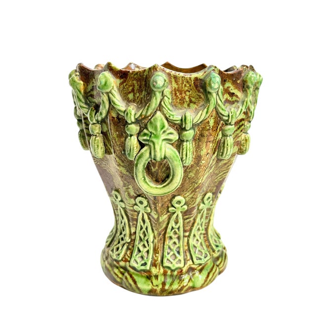 Pair Antique French Majolica Glazed Terracotta Jardinieres With Rope and Tassel Design For Sale - Image 9 of 17