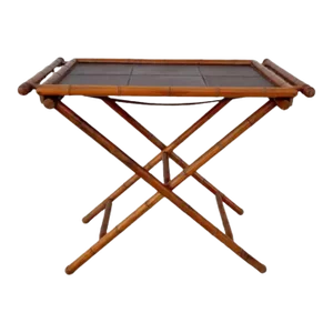 Mid-Century Faux Bamboo Folding Tray Table With Leather Insert