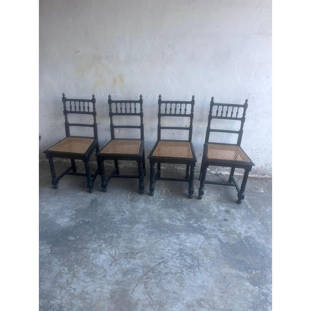Ebonized Dining Chairs with Handwoven Cane Seats, Set of 4 For Sale - Image 3 of 7
