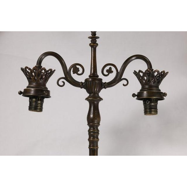 1910s Signed Oscar Bach Bronze 2-Light Table Lamp With Quality Art Glass Shades, Good Patina For Sale - Image 13 of 15