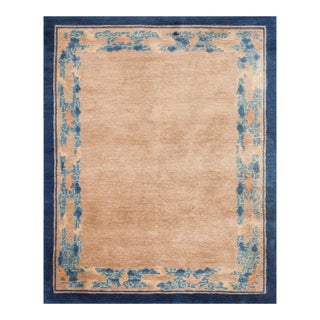 1900s Tan Camel Abstract Antique Chinese Peking Rug 4' X 5' Handknotted Wool Carpet For Sale