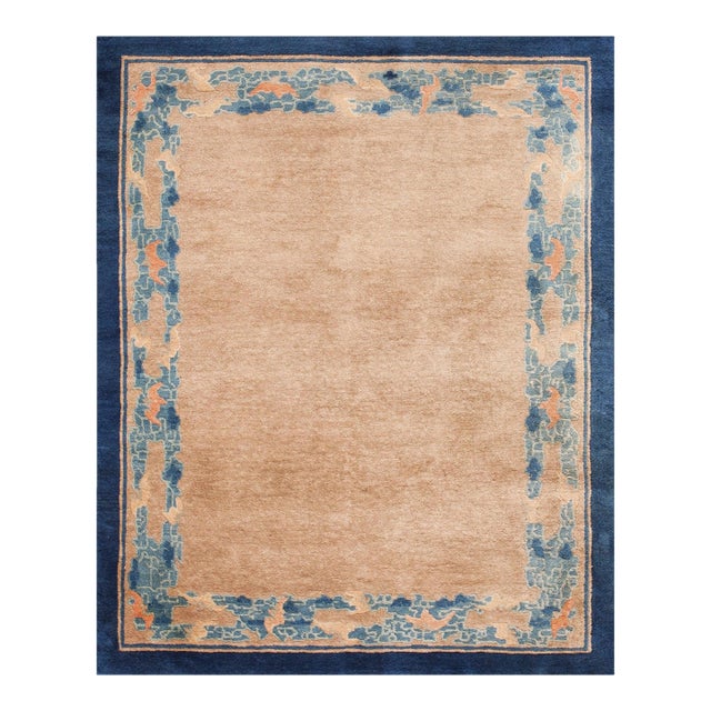 1900s Tan Camel Abstract Antique Chinese Peking Rug 4' X 5' Handknotted Wool Carpet For Sale