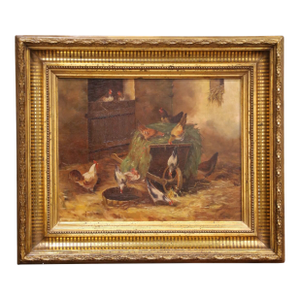 19th C. French Oil on Canvas Chicken Painting in Gilt Frame Signed H. Forestier