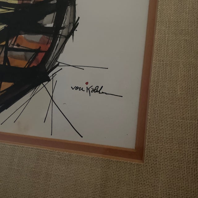 Orange Signed Watercolor and Ink Drawing of a Cat by Maria Von Kohler. For Sale - Image 8 of 12