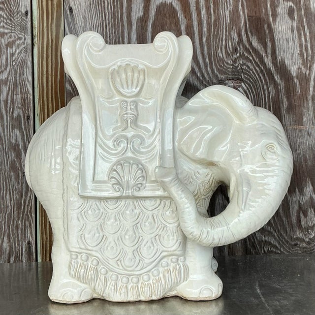 Mid 20th Century Vintage Boho Glazed Ceramic Elephant Low Stool For Sale - Image 5 of 9