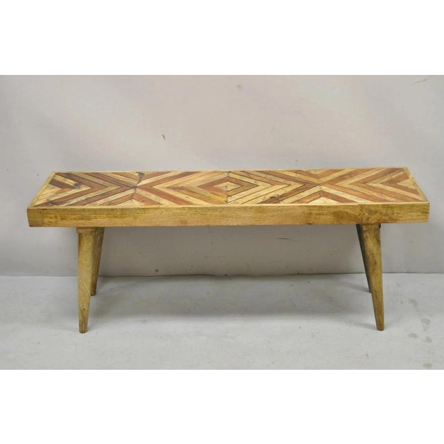 Modern Slatted Wood 48" Geometric Inlay Rustic Farmhouse Coffee Table Bench For Sale - Image 11 of 11